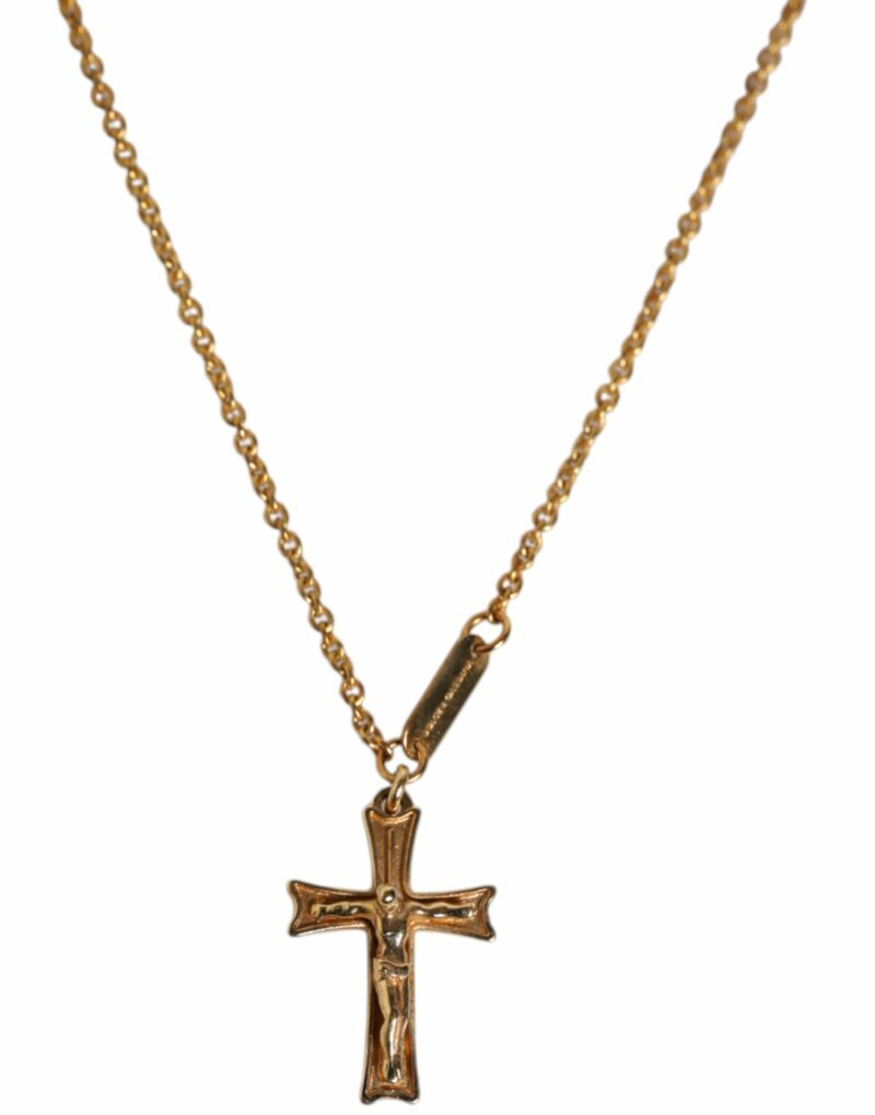 Dolce & Gabbana Gold Tone Brass Chain Religious Cross Pendant Necklace - Image 4