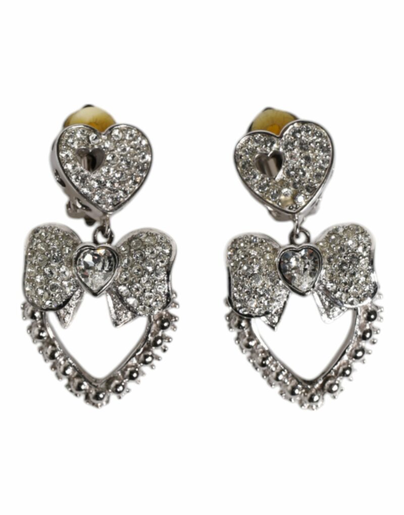 Dolce & Gabbana Silver Heart Bow Rhinestones Dangle Clip-On Earrings - Image 2