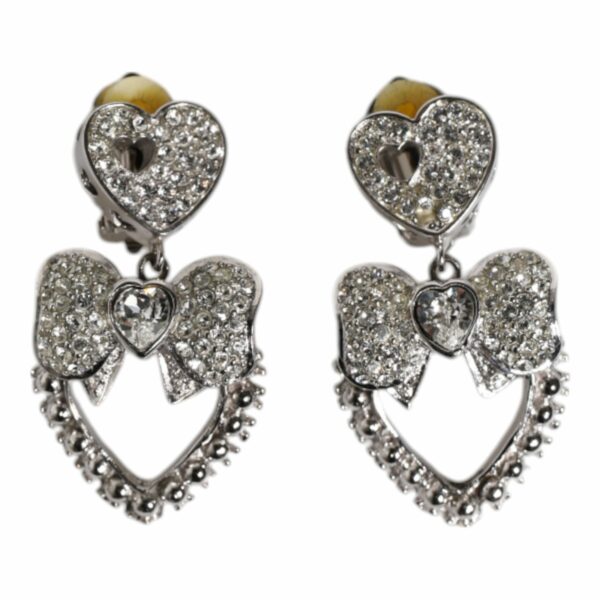 Dolce & Gabbana Silver Heart Bow Rhinestones Dangle Clip-On Earrings