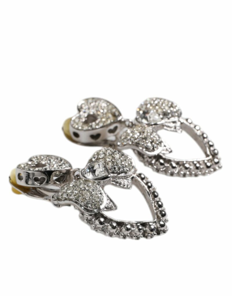 Dolce & Gabbana Silver Heart Bow Rhinestones Dangle Clip-On Earrings - Image 3