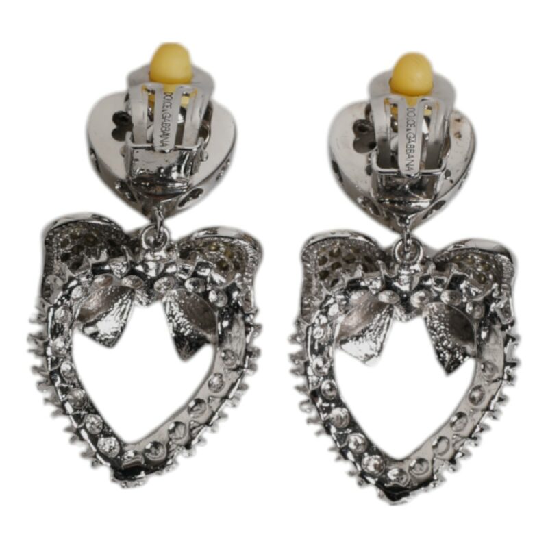 Dolce & Gabbana Silver Heart Bow Rhinestones Dangle Clip-On Earrings - Image 5
