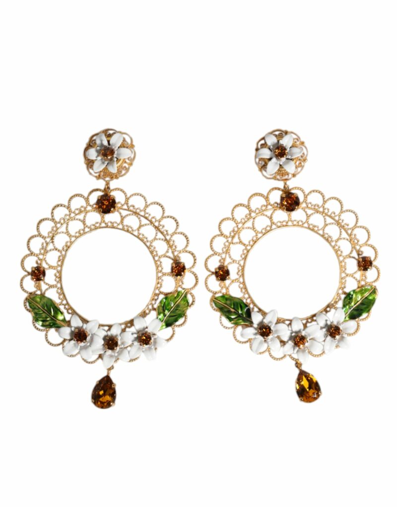 Dolce & Gabbana Gold Floral Filigree Hoop Enamel Amber Crystals Earrings - Image 2