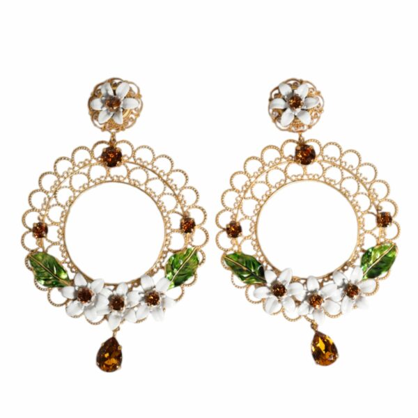 Dolce & Gabbana Gold Floral Filigree Hoop Enamel Amber Crystals Earrings