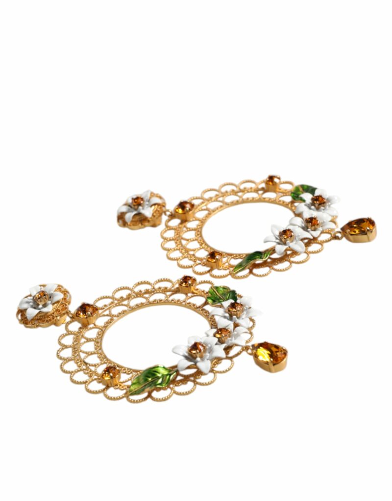 Dolce & Gabbana Gold Floral Filigree Hoop Enamel Amber Crystals Earrings - Image 3