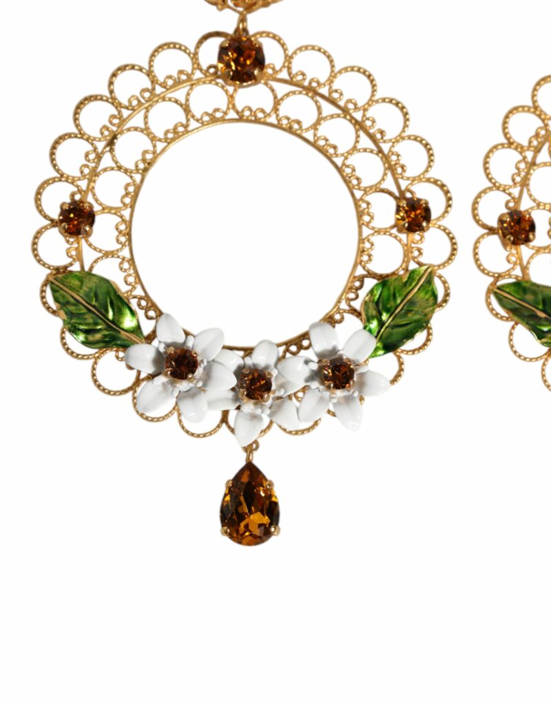Dolce & Gabbana Gold Floral Filigree Hoop Enamel Amber Crystals Earrings - Image 5