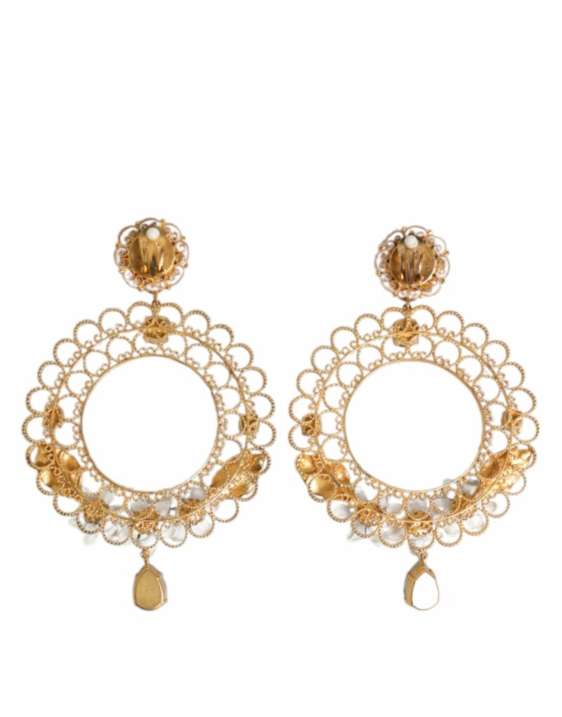 Dolce & Gabbana Gold Floral Filigree Hoop Enamel Amber Crystals Earrings - Image 6
