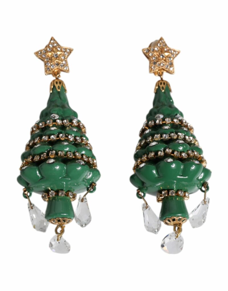 Dolce & Gabbana Green Enamel Christmas Tree Crystal Dangling Earrings - Image 2