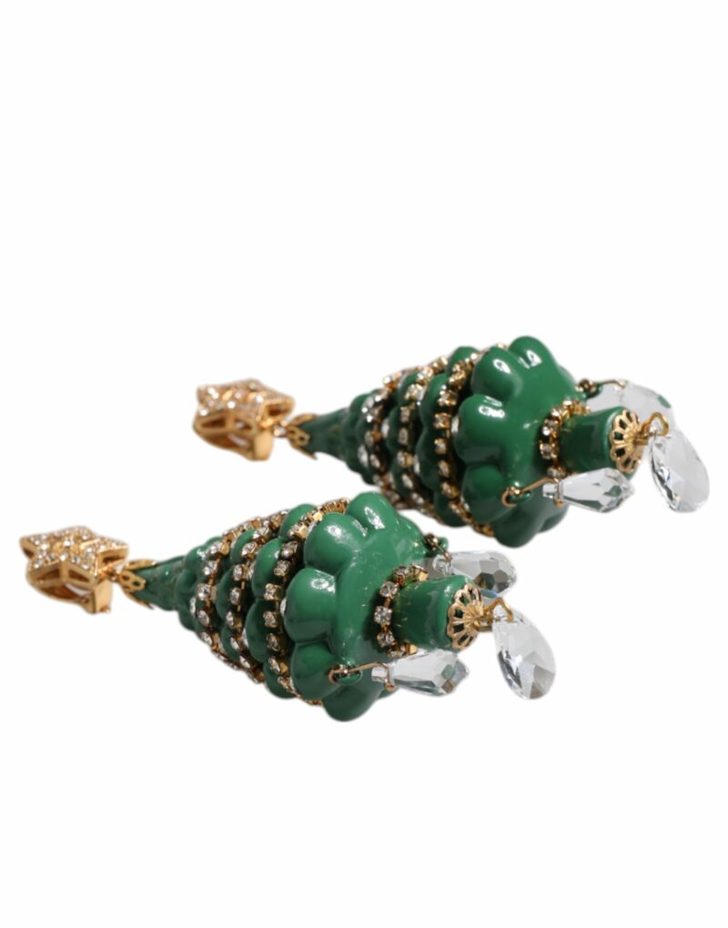 Dolce & Gabbana Green Enamel Christmas Tree Crystal Dangling Earrings - Image 3