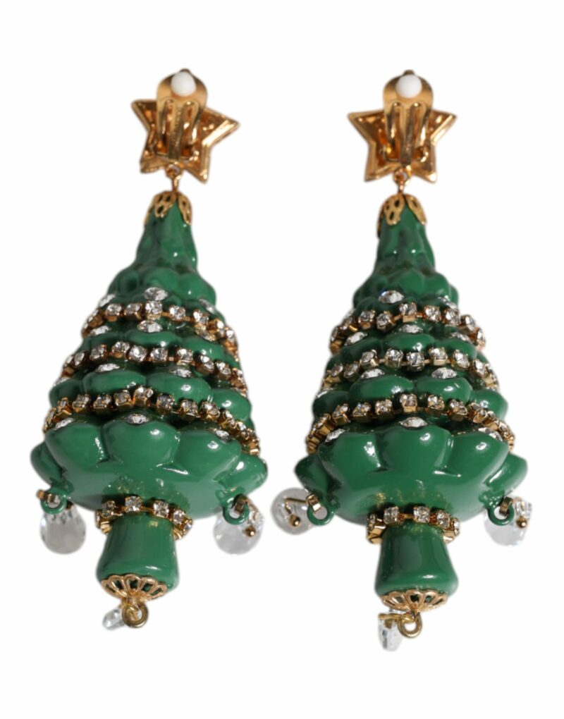 Dolce & Gabbana Green Enamel Christmas Tree Crystal Dangling Earrings - Image 6