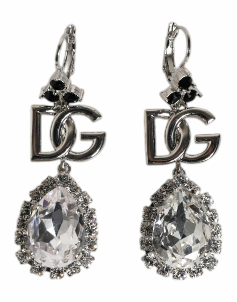 Dolce & Gabbana Silver Brass Crystal Teardrop DG Logo Clip On Earrings - Image 2