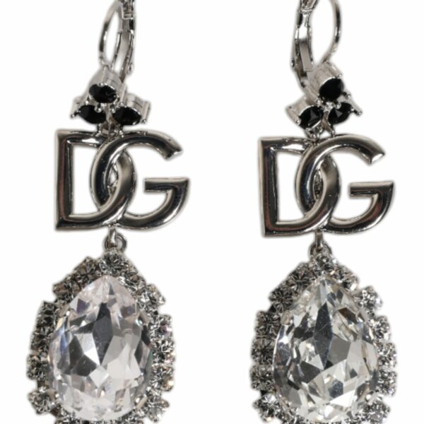 Dolce & Gabbana Silver Brass Crystal Teardrop DG Logo Clip On Earrings