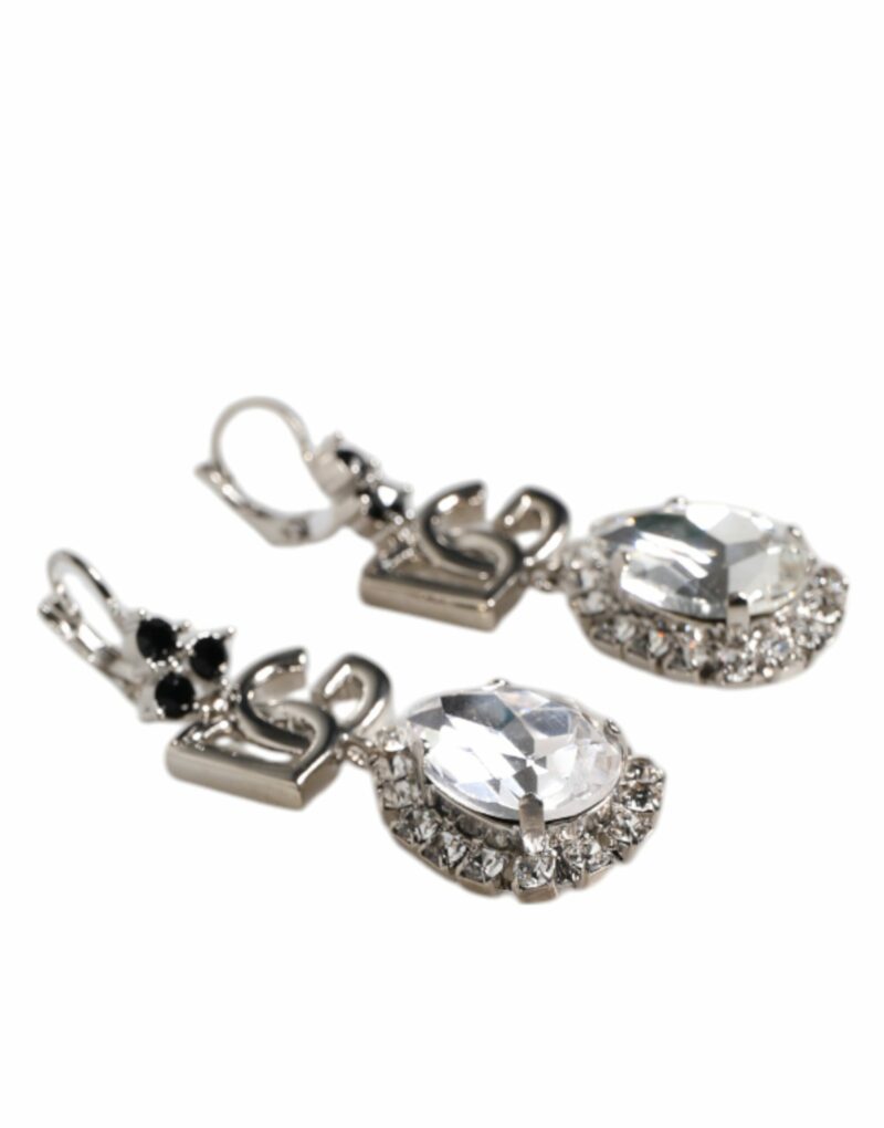 Dolce & Gabbana Silver Brass Crystal Teardrop DG Logo Clip On Earrings - Image 3