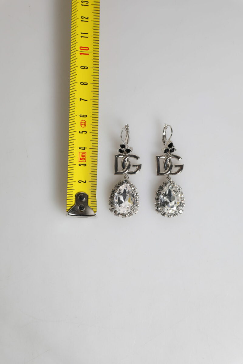 Dolce & Gabbana Silver Brass Crystal Teardrop DG Logo Clip On Earrings - Image 4