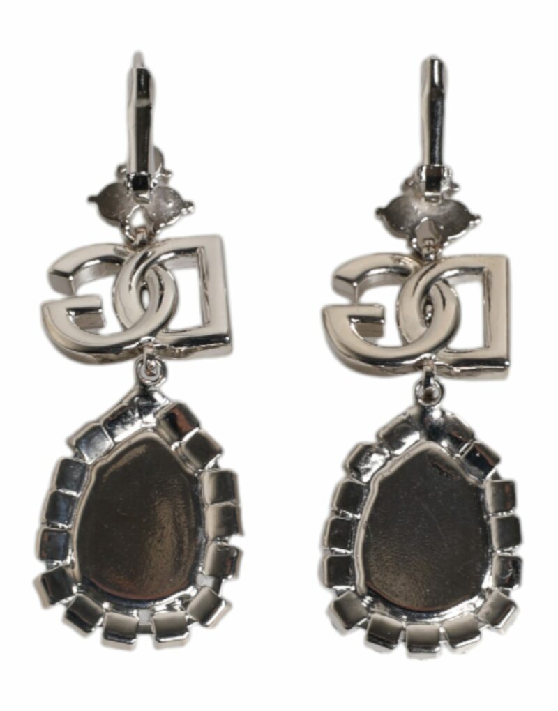 Dolce & Gabbana Silver Brass Crystal Teardrop DG Logo Clip On Earrings - Image 5