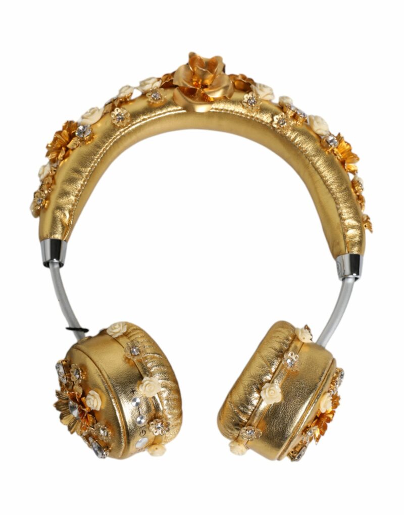 Dolce & Gabbana Gold Leather Floral Crystal Angel Headset Headphones - Image 5