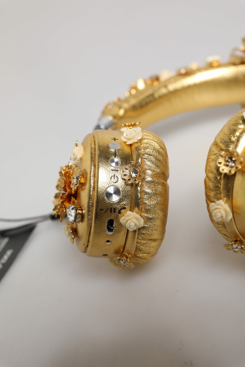 Dolce & Gabbana Gold Leather Floral Crystal Angel Headset Headphones - Image 6