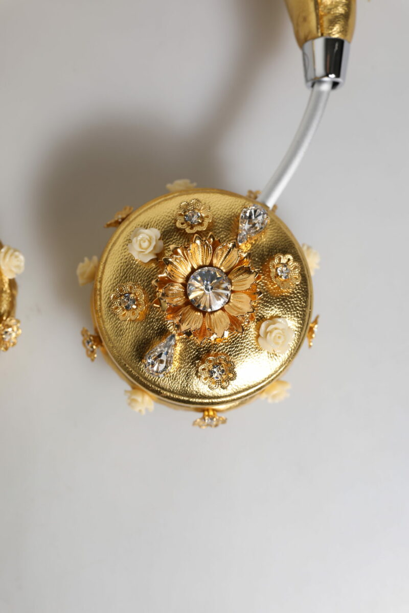 Dolce & Gabbana Gold Leather Floral Crystal Angel Headset Headphones - Image 8