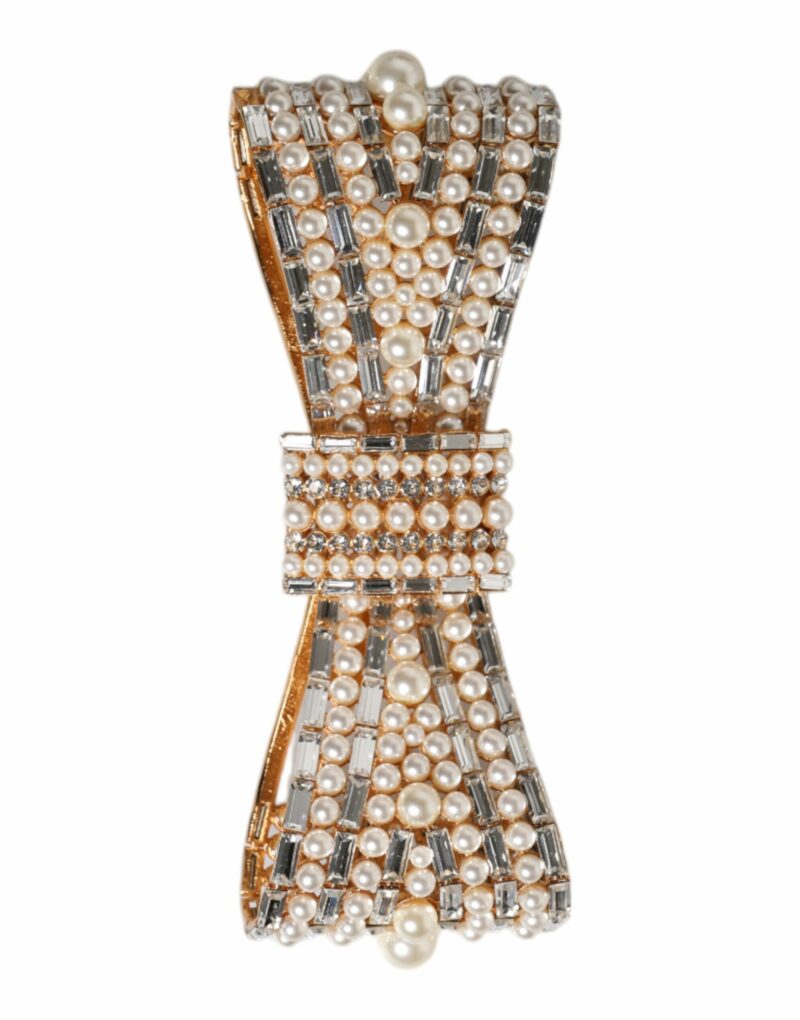 Dolce & Gabbana Gold Tone Brass Bow Crystal FauxPearl Embellished Brooch - Image 2