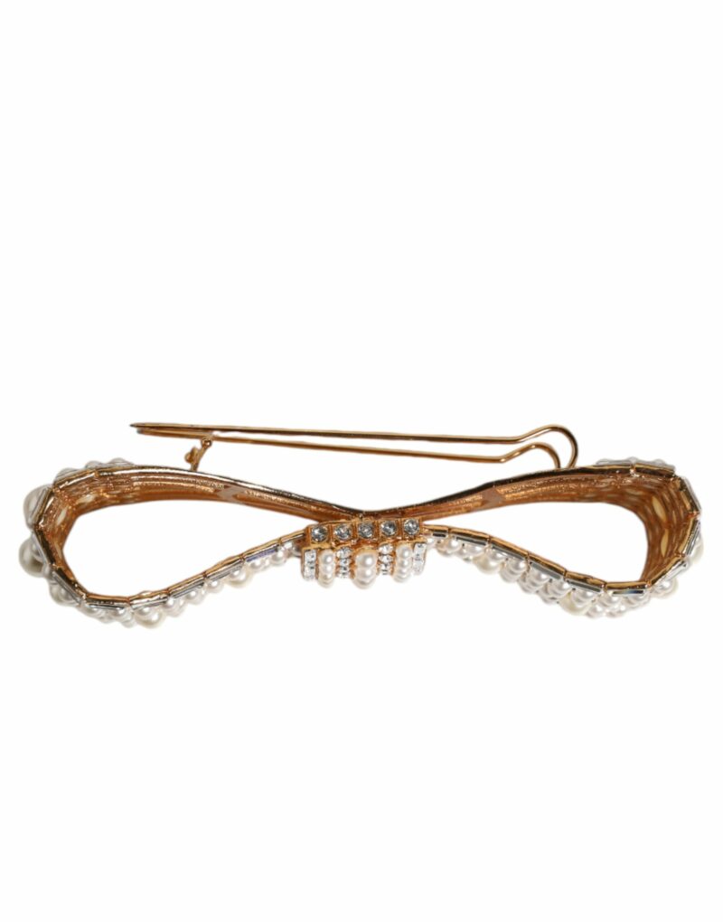 Dolce & Gabbana Gold Tone Brass Bow Crystal FauxPearl Embellished Brooch - Image 4