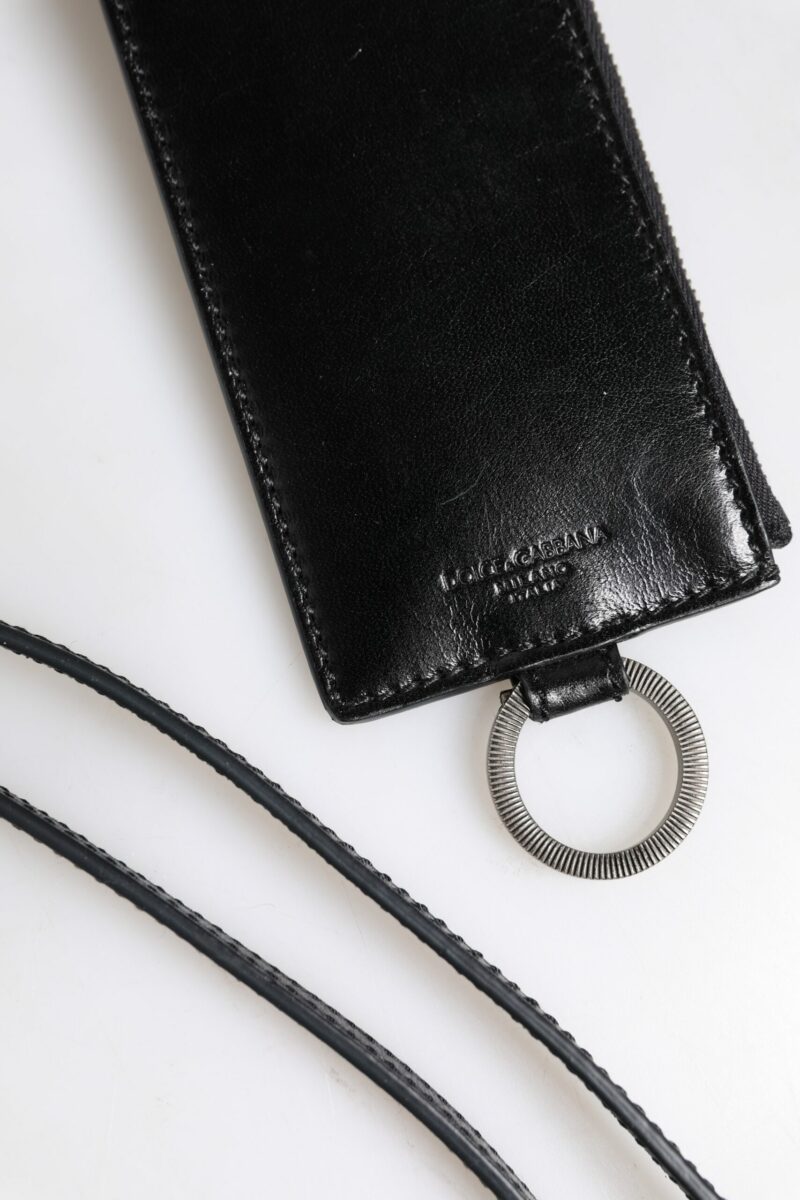 Dolce & Gabbana Black Leather Logo Embossed Lanyard Card Holder Wallet - Image 4