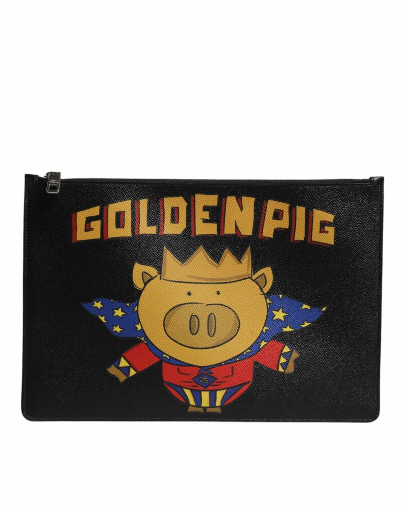 Dolce & Gabbana Black Leather Golden Pig Print Logo Plaque Men Pouch Bag - Image 2