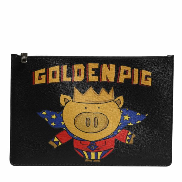 Dolce & Gabbana Black Leather Golden Pig Print Logo Plaque Men Pouch Bag