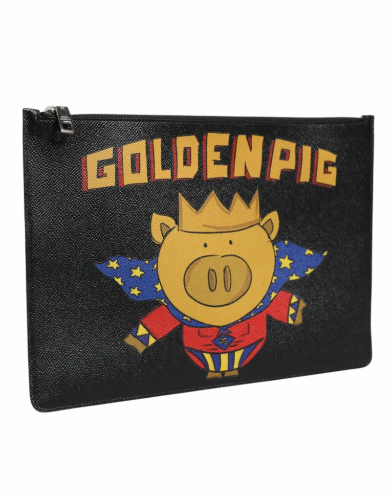 Dolce & Gabbana Black Leather Golden Pig Print Logo Plaque Men Pouch Bag - Image 3