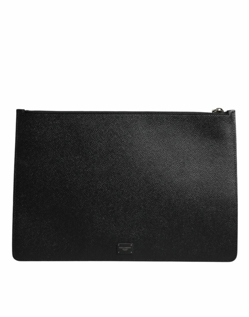 Dolce & Gabbana Black Leather Golden Pig Print Logo Plaque Men Pouch Bag - Image 4