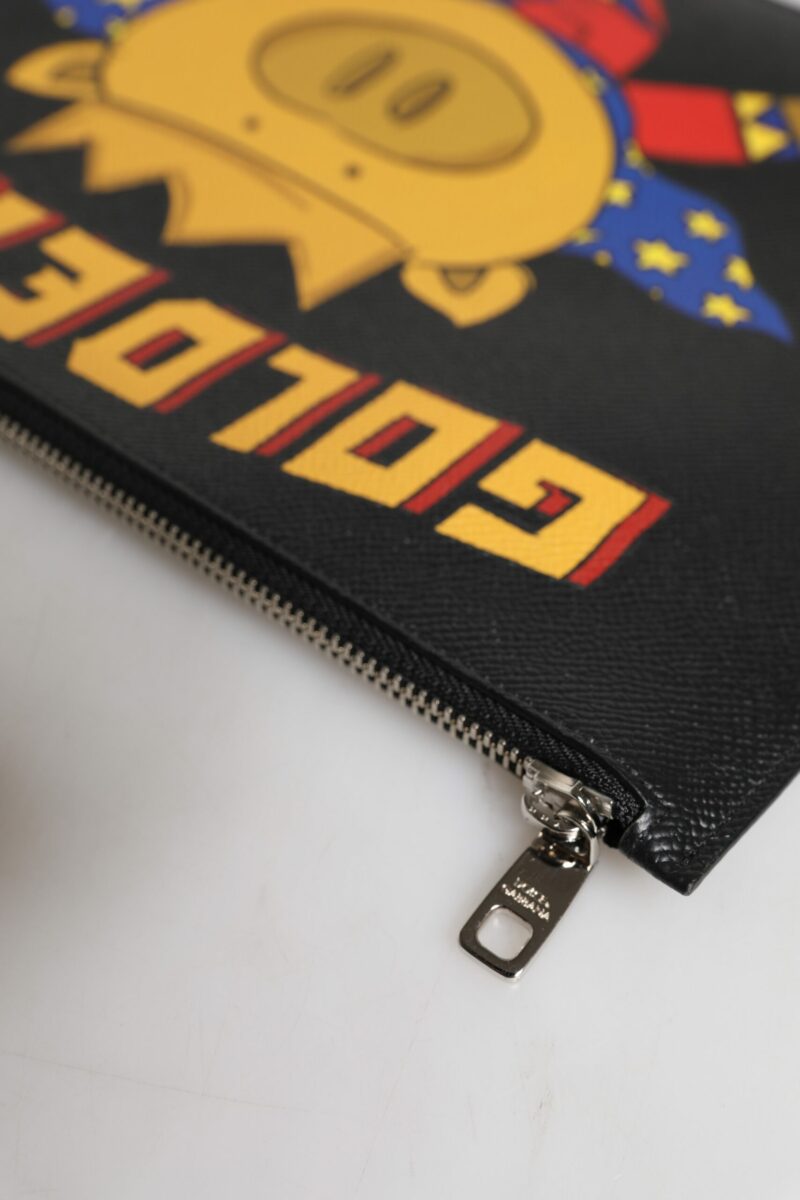Dolce & Gabbana Black Leather Golden Pig Print Logo Plaque Men Pouch Bag - Image 6