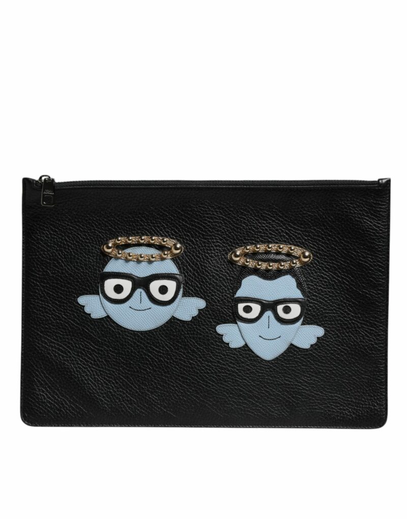 Dolce & Gabbana Black Leather #DGFAMILY Embellished Men Zip Pouch Bag - Image 2