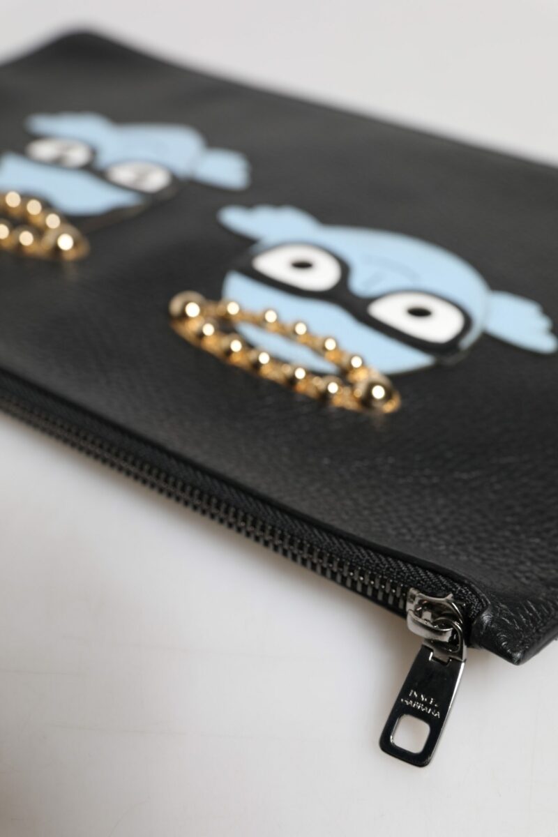 Dolce & Gabbana Black Leather #DGFAMILY Embellished Men Zip Pouch Bag - Image 5