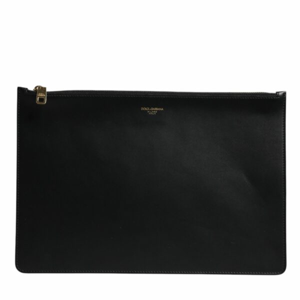 Dolce & Gabbana Black Solid Leather DG Logo Clutch Zip Pouch Bag