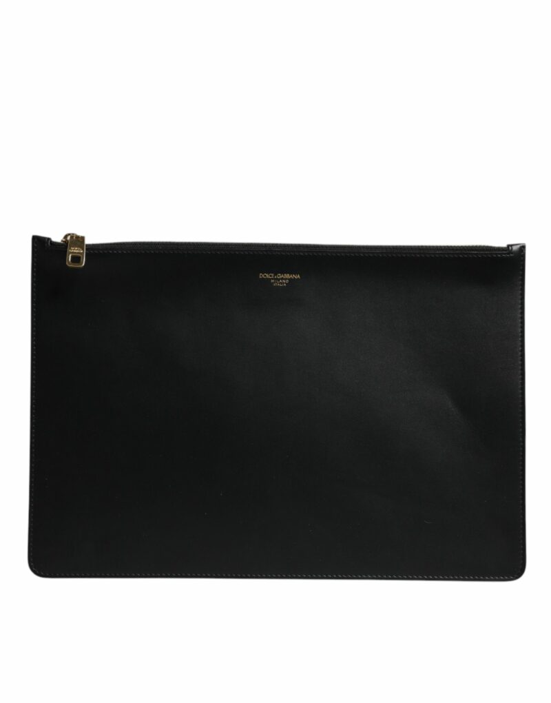 Dolce & Gabbana Black Solid Leather DG Logo Clutch Zip Pouch Bag