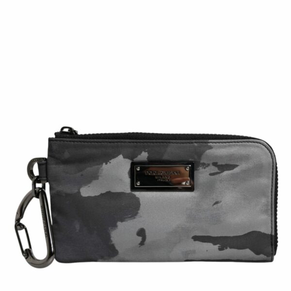 Dolce & Gabbana Black Gray Camouflage Logo Plaque Keyring Pouch Bag