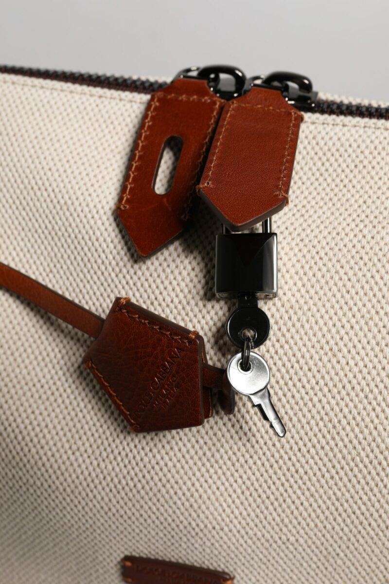 Dolce & Gabbana Beige Brown Cotton Leather Duffle Shoulder Bag - Image 7