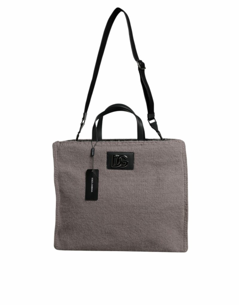 Dolce & Gabbana Grey Alpaca Wool Logo Plaque Tote Shoulder Bag - Image 2