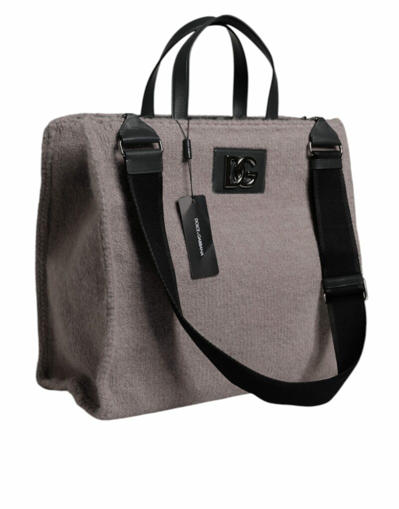 Dolce & Gabbana Grey Alpaca Wool Logo Plaque Tote Shoulder Bag - Image 3