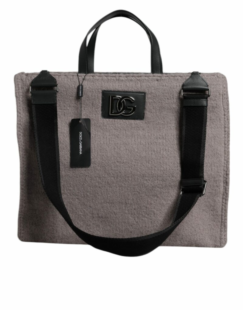 Dolce & Gabbana Grey Alpaca Wool Logo Plaque Tote Shoulder Bag - Image 4