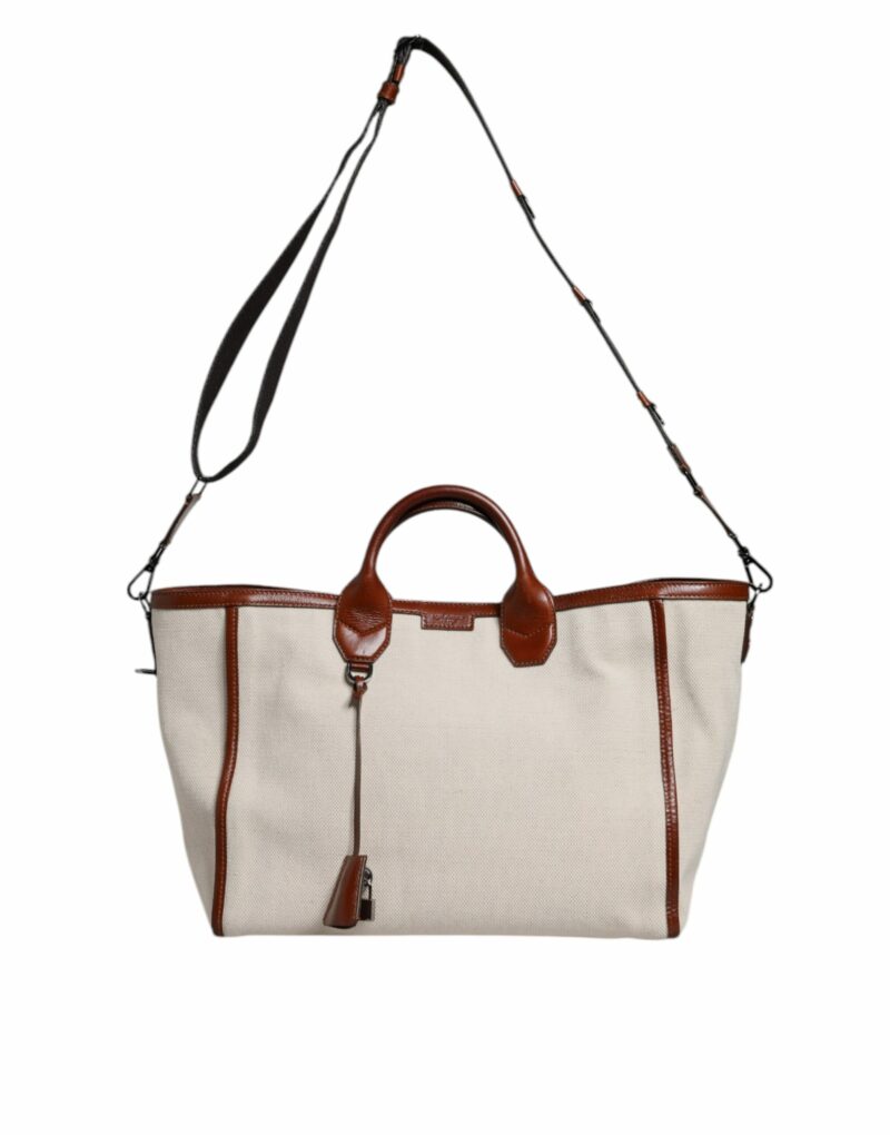 Dolce & Gabbana Beige Brown Cotton Leather Duffle Shoulder Bag - Image 2