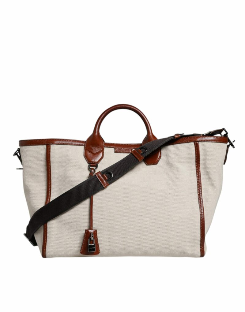 Dolce & Gabbana Beige Brown Cotton Leather Duffle Shoulder Bag - Image 3