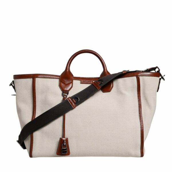 Dolce & Gabbana Beige Brown Cotton Leather Duffle Shoulder Bag