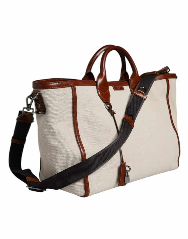 Dolce & Gabbana Beige Brown Cotton Leather Duffle Shoulder Bag - Image 4