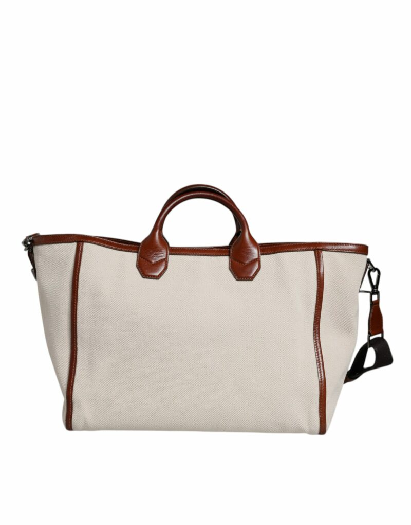 Dolce & Gabbana Beige Brown Cotton Leather Duffle Shoulder Bag - Image 5