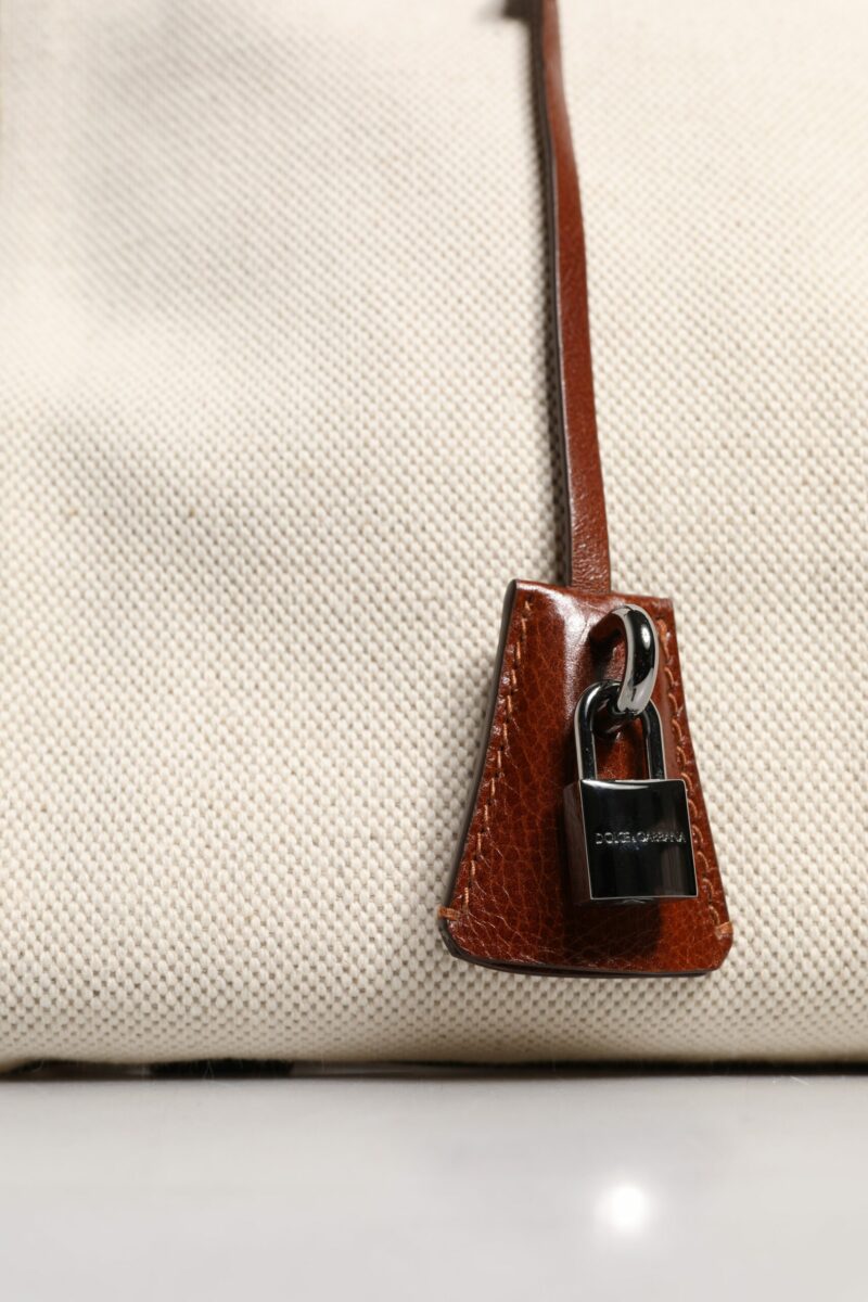 Dolce & Gabbana Beige Brown Cotton Leather Duffle Shoulder Bag - Image 7
