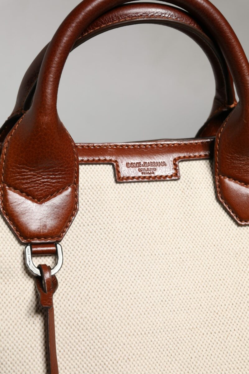 Dolce & Gabbana Beige Brown Cotton Leather Duffle Shoulder Bag - Image 8