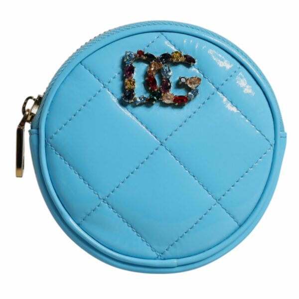 Dolce & Gabbana Light Blue Lamb Leather DG Crystal Round Coin Purse Wallet