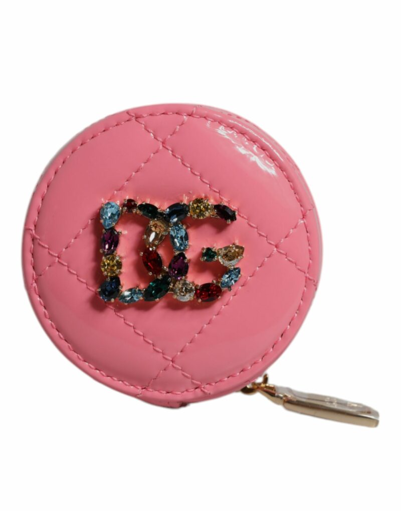 Dolce & Gabbana Pink Lamb Leather DG Crystal Round Coin Purse Wallet - Image 2