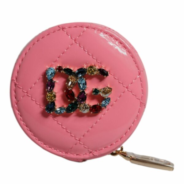 Dolce & Gabbana Pink Lamb Leather DG Crystal Round Coin Purse Wallet
