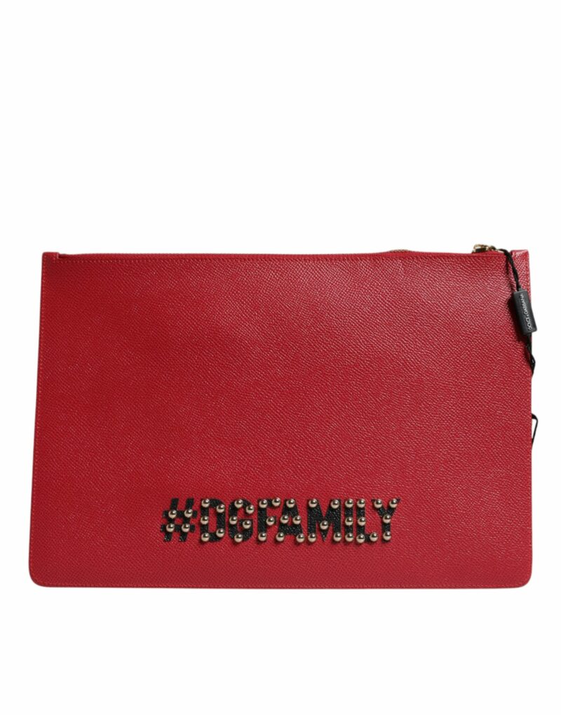 Dolce & Gabbana Red #DGFamily Embellished Leather Clutch Bag - Image 4