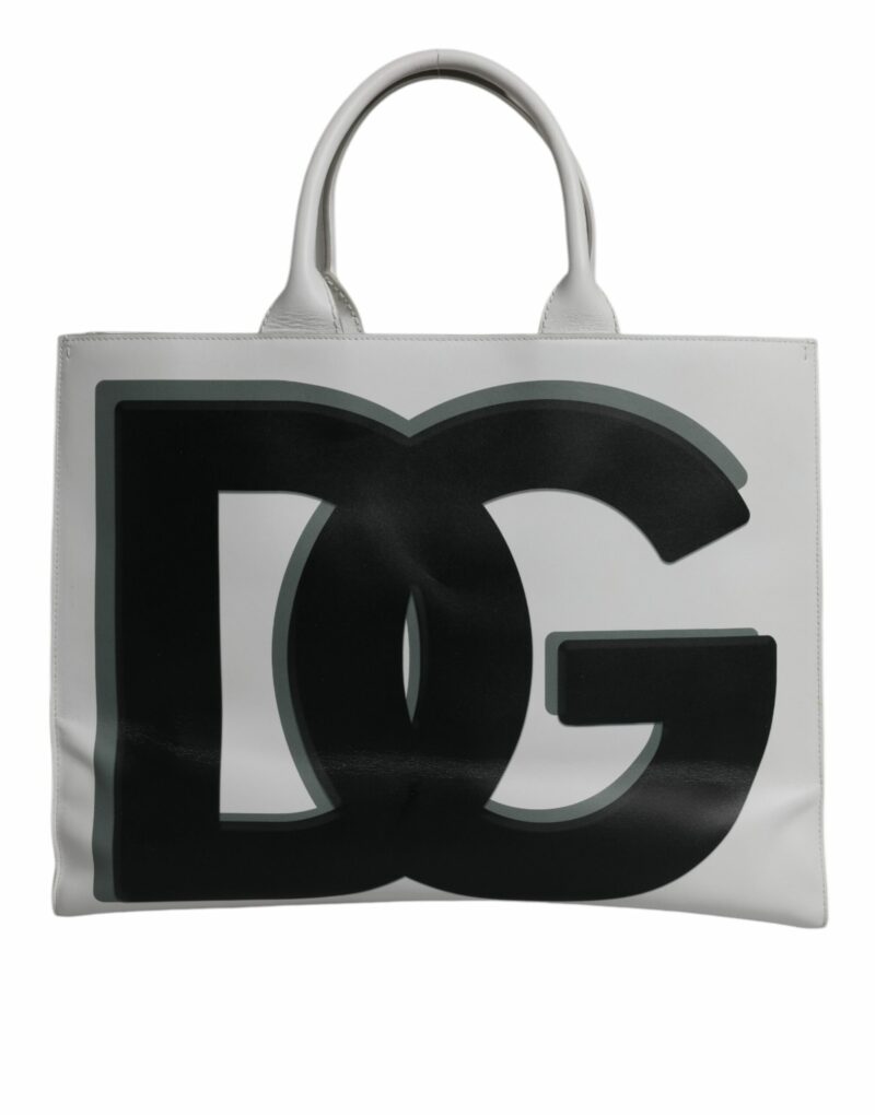 Dolce & Gabbana White Logo Print DG Daily Calfskin Shopping Tote Bag - Image 2